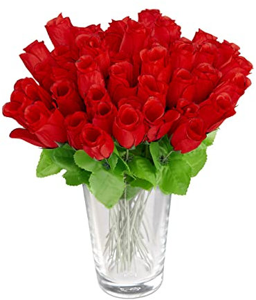 Relaxdays rot, Kunstrosen, Kunstblumen, künstliche Dekoblumen, 48 Stück mit Stiel und Blättern, Köpfe, H: 26 cm, red, 48er Pack