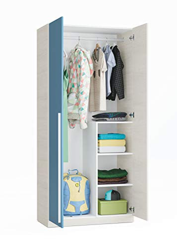 Dmora - Garde-robe 2 portes Abilene, armoire de chambre, meuble avec 3 étagères et tringle à vêtements, 90x52h200 cm, blanc et bleu