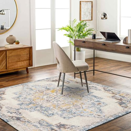 Livabliss Sun Orlando Vintage Rug, Boho – 200x200 cm, Blue, Mustard & Beige