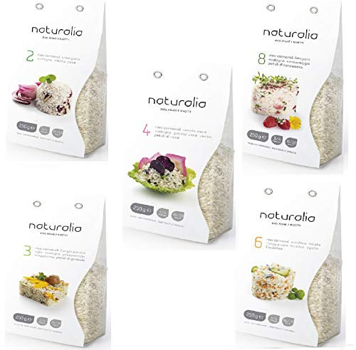 Riso Naturalia - 5 Risotti Carnaroli pronti da cuocere: Funghi porcini e girasole. Radicchio e rose. Cavolo nero e rose. Zucchine e fiordaliso. Lamponi e tarassaco. Prodotto italiano.