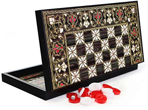Semus Antep Backgammon XXL – Türkische Tavla im Intarsien-Look mit Perlmutt-Design, 48 x 48,5 x 3,5 cm, handpoliert & Kratzfest, inkl. 30 Spielsteinen & 2 Würfeln