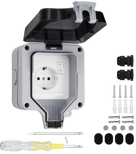 SHYOSUCCE Außensteckdose mit Schalter, Kabelverbinder und Klappdeckel, IP66 Wasserdicht Wandsteckdose Staubdicht Outdoor Steckdose für Küche, Bad, Garage, Schwimmbad und Garten