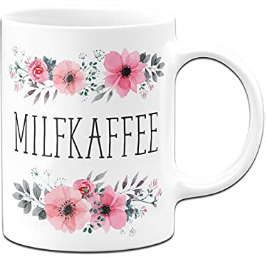 Tassenbrennerei Tasse mit Spruch Milfkaffee - Blümchen Kaffeetasse lusitg (Weiß)
