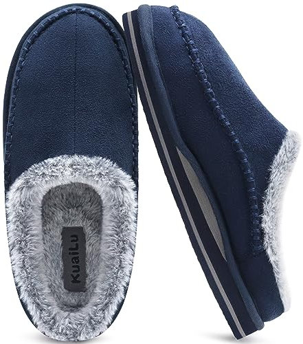 KuaiLu Hausschuhe Herren Memory-Schaum aus Warme Bequeme Plüsch Futter Männer Clog Pantoffeln Handgemachte Stitch Suede Slip-On Kuschelschuhe mit Komfort stützend Drinnen Draussen Blau Größe 47