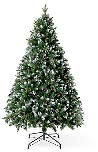 VeryMerry 5FT 'Glacier' Snowy Christmas Tree with Real Frosted Pinecones, Foldable Metal Stand, Snow Flocked Artificial Tree PVC and PE tips