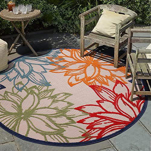 Impression Outdoor Teppich Wetterfest - Balkon Teppich Wasserabweisend - Teppich für den Innen und Außenbereich, Terrasse, Garten, Wohnzimmer, Bad oder Küche - Multi, 200 cm Rund