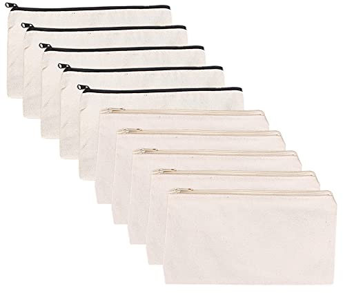 Zasvec DIY Blanko Stoffbeutel Federmäppchen Klein 10 Stück Mäppchen zum Bemalen Taschen zum Bemalen Kosmetiktaschen mit Reißverschluss 21x12cm für Kulturbeutel, Federmäppchen(Beige)