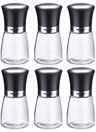 Westmark Gewürzstreuer-Display, Inhalt: 6 Stück, Mit Aromadeckel, Feines Lochbild, Fassungsvermögen: je 190 ml, Glas/Rostfreier Edelstahl/Kunststoff, Blacky, Transparent/Schwarz/Silber, 63502611