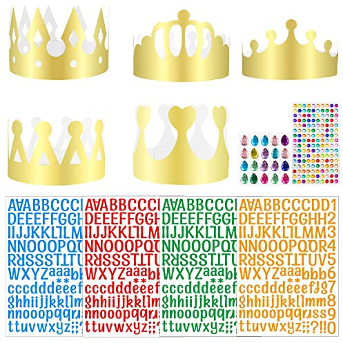 Powmag Goldene Papierkronen, 5Pcs Golden Paper Crowns, Party Hats Crown mith Self-Adhesive Diamond Sticker Gemstones, mith buchstaben aufkleber, Junge Mädchen Prinzessin Geburtstagsfeier