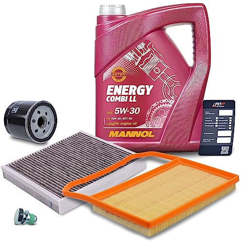 BESTPRICE Inspektionspaket Filterset mit 1x Ölfilter; 1x Innenraumfilter (Aktivkohle); 1x Luftfilter; 1x Ölablassschraube mit Dichtring; 1x Motoröl 5W-30 ENERGY COMBI LL 5 l; 1x Ölwechselanhänger