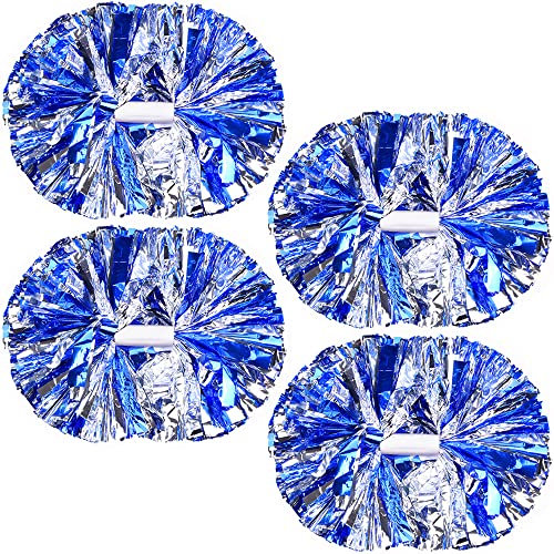 PUZINE Cheerleading-Pompons, Metallic-Cheer-Pompons mit Trainings-Taktstock-Griff für Team-Sport, Spirit, Squad, Cheerleader, Blau und Silber, 4 Stück