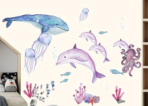 wolga-kreativ Wandtattoo groß Kinderzimmer - Unterwasserwelt Wandsticker mit Wal, Delfin & Fische - Kinderzimmer Deko für Mädchen, Kindergarten & Schule - Wandtattoo Kinderzimmer Mädchen
