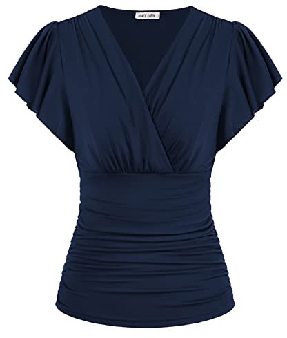 Damen V-Ausschnitt T-Shirt Kurzarm Einfarbig Slim Fit Plissee-Tops Tunika Blusen