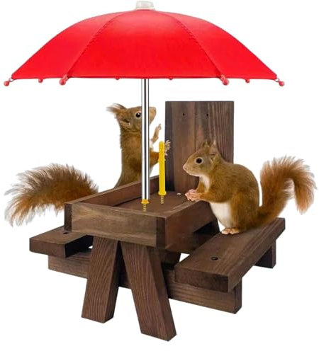 Eichhörnchen-Futterstation,Eichhörnchen-Futtertisch mit Schirm, Eichhörnchen-Picknicktisch aus Holz,mit Solider Struktur und 2 x dicken Bänken