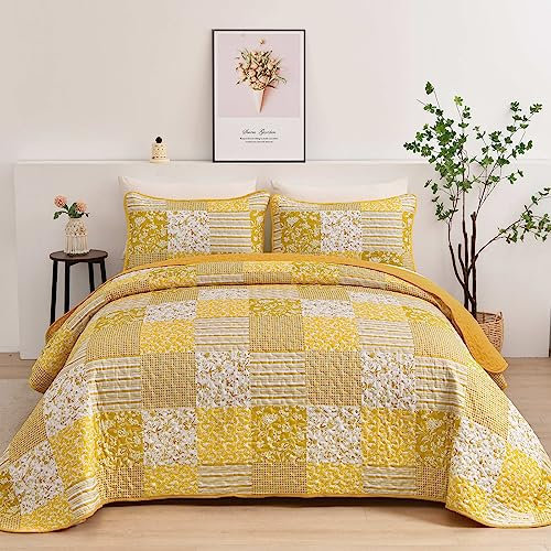 Mybedsoul Yellow Boho Quilt Set King Size,3 Pieces Plaid Floral Bedspread Coverlet Set Summer,Patchwork Reversible Bedding Set King 90x104