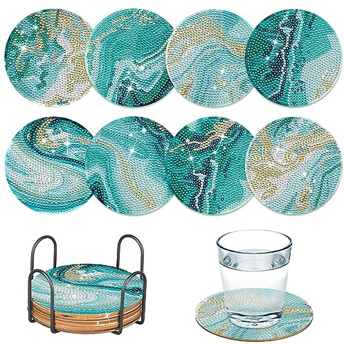 8 Stück Diamond Painting Untersetzer mit Halter, DIY Diamond Painting Meereslebewesen Dekorative Hölzern Untersetzer Erwachsene Kinder Anfänger für Tassen Vasen Kerzen Dekoration (Meereslebewesen )