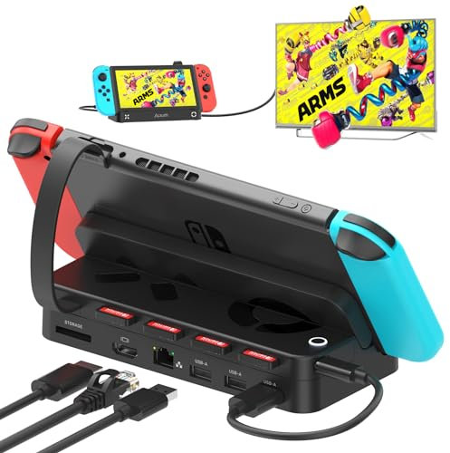 Alxum Switch Docking Station avec Game Switcher pour Nintendo Switch/OLED,Switch Dock avec 4K HDMI,1000Mbps Ethernet,3 USB-A,100W USB-C PD pour Le Nintendo Switch Dock Officiel