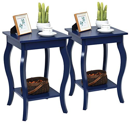 COSTWAY 2er Set Nachttisch mit Ablage, 2 Ebene Beistelltisch aus Holz, Nachtkonsole, Sofatisch für Wohnzimmer, Schlafzimmer, 40 x 40 x 60 cm (Blau)