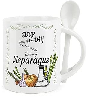 Purely Home Soup Mug and Spoon Set - Cream of Asparagus Soup of The Day - Ceramic White Soup Mug with Spoon in Handle