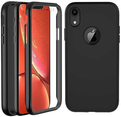 OWKEY For iPhone XR Case, iPhone XR Phone Case, 360° Full Body Bumper Case Built-in Screen Protector, Rugged PC Front+Soft Liquid Silicone Back Shockproof Anti-scratch Protective Cover, Black