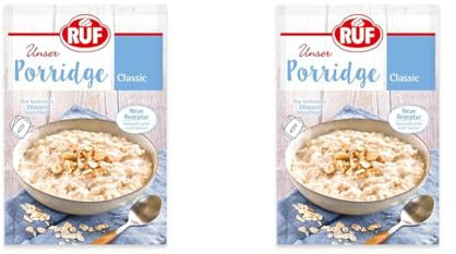 RUF Porridge Classic, gesunder Frühstück-Snack aus Vollkorn-Haferflocken, besonders lecker mit frischen Früchten, Beeren oder Nüssen, 1 x 65g Beutel (Packung mit 2)