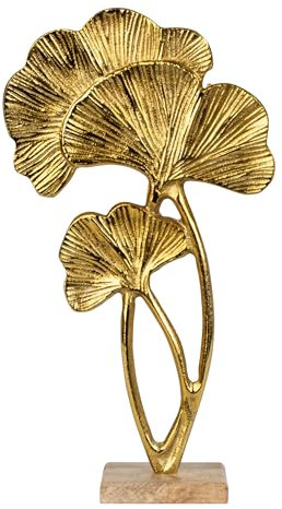 Lifestyle & More Skulptur Dekofigur Tropenblätter Gold aus Metall auf Holzsockel 21x39 cm