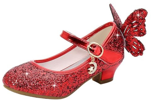 YOSICIL Mädchen Prinzessin Schuhe ELSA Schmetterling Schuhe mit Absatz Pailletten Glitzer Schuhe Kinder Ballerinas Hochzeitsschuhe Partei Festschuhe Karneval Halloween Party, Rot, 30