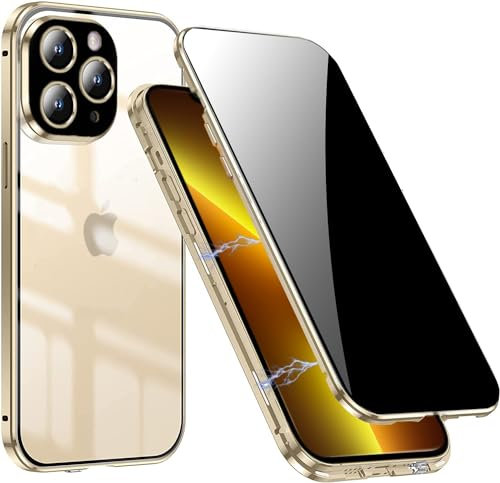 DoubCase Privacy Case for iPhone 13 Pro,Anti-peeping Tempered Glass Double-sided Case,Front & Back Magnetic Adsorption Metal Bumper 360 Full Cover Anti-Spy Phone Case for 13 Pro,Gold