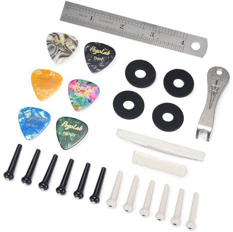 Guitar Tool Kit for Acoustic Guitar Beginner, POGOLAB Handy Guitar Repair Care Kit Included Guitar Bridge Pins Pick Pin Puller Ruler Bridge Saddle Nut Fret Polisher, String Guitar Accessories