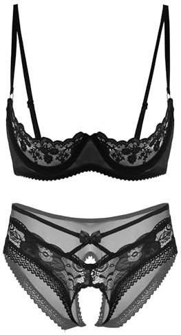 inhzoy Damen Büstenhebe Sexy Dessous Set Ouvert Spitze Slip String BH Set Reizwäsche Für Sex Damen Offener Schritt Und String Durchsichtig Schwarz L