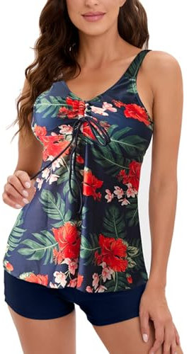 Neteson Tankini Damen Badeanzug Push Up Top Oberteil mit Badeshorts Freizeit Zweiteiler Bademoden Bikini Sets für Strand Poolparty Urlaub Spa