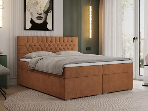 MKS MEBLE Boxspringbett 180x200 cm mit Bettkasten, Premium Multipocket Matratze H3 mit Topper T25, Doppelbett mit Kopfteil PERA - Orange Strukture