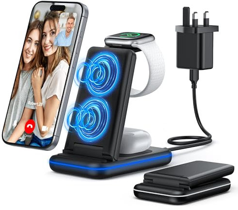 TeckNet 3-in-1 Wireless Charger, Foldable Charging Station for iPhone, Apple Watch, AirPods, Qi-Enabled Devices, Fast Charging, Sleek Design, Portable, Perfect for Home, Office,black with adapter