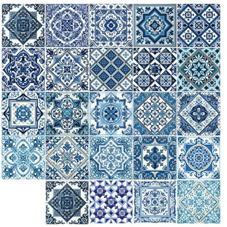 Duroecsain Portugiesische Fliesenkunst, Vintage-Fliesen zum Abziehen und Aufkleben - 24 Stück Vintage-Schrank-Dekorationsaufkleber - Authentische wasserfeste Fliesenaufkleber, einfach anzubringende