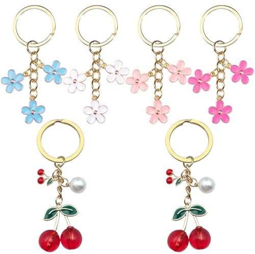 TYXHXTF 6 Pezzi Portachiavi, Portachiavi a Forma di Fiore, Elegante Ciondolo a Forma di Ciliegia, Carini Accessori per Borsa, Pendente Regalo per Donne Ragazze
