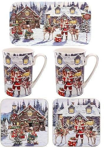 Lesser & Pavey Macneil Christmas Traditional Santa 5 Piece Gift Set - 2 Mugs, 2 Coasters & Tray - Gift Idea for Xmas - Santa UK Design Hot Drinks Tea Coffee Mug