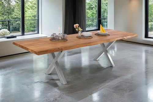 SAM Esstisch Cali mit Ansteckplatten | 160 x 90 cm (erweiterbar auf 260 x 90 cm) | Akazie massiv & naturfarben | echte Baumkante | X-Gestell Metall Silber | Baumkantentisch/Esszimmertisch
