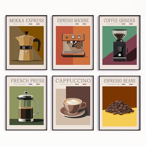 MJ-GRAPHICS® 6er Poster Set Kaffee Bilder Küche-Café-Wanddeko Moka Express Espresso Maschine French Press Vintage A4 – Ohne Rahmen