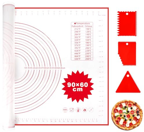Baking Mat Silicone Oven Dough Mat Silicone Large 90 x 60 cm with 3 Pieces Dough Scraper Measurement for Making Biscuits Macaroons Worktop Place Mats Baking Accessories