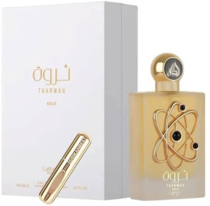 Perfume Tharwah Gold 100ml | Eau de Parfum Unisex de Larga Duración | Fragancia Floral y Amaderada con Notas de Vainilla y Ámbar + Regalo Atomizador Recargable 5ml Drikanbest