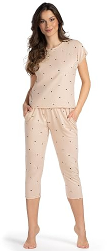 Mademoiselle Sommeil Damen Schlafanzug – Kurzarm & Capri-Hose – 100% Baumwolle – Zartes Beige mit schwarzen Herzchen – Atmungsaktiv & Hautfreundlich