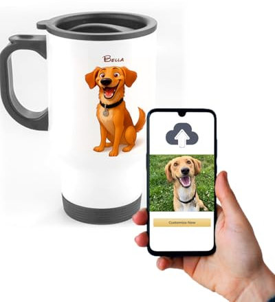 Personalised Travel Mug Coffee Cup with Cartoon Charatacter Pet Portrait of Your Dog Handmade from Photo, Unique Custom Personalised Memorial Gifts for Dog Lovers
