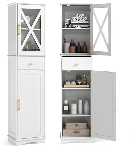COSTWAY Badezimmerschrank schmal, Hochschrank mit verstellbaren Einlegeböden, Schublade, 2 Türen, Badschrank hoch, Aufbewahrungsschrank für Badezimmer, Wohnzimmer (Weiß)