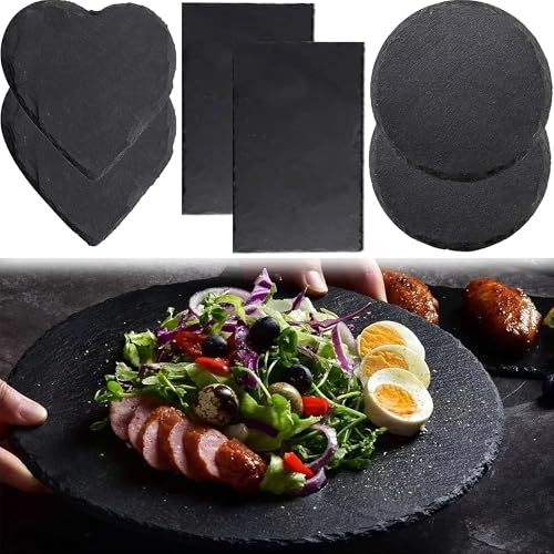 SQAQS 6PCS Llano de Pizarra Natural, Amor, Cuadrado, Redondo, Juego de Bandejas de Pizarra (Amor, Rectangular, Circular)