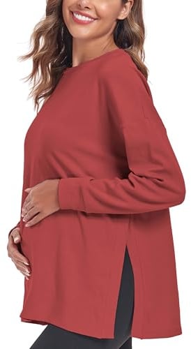 Ecavus Damen Umstandsshirt Langarm Umstandstop mit Seitenschlitzen | 95% Baumwolle, Weich und Elastisch, Lockerer Schnitt, für Schwangerschaft, Alltag, BüRo und Entspannte Stunden zu Hause