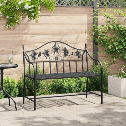 QUAHEAS Gartenbank Outdoor Schwarz, 104 cm Stahl Vintage Metallbank für 2 Personen, pulverbeschichtete Terrassenmöbel mit schickem Vogel-Blumen Design für Garten Außenbereich
