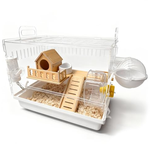 Acrylic Hamster Cage, 2-Tier Hamster Cage with Wooden Accessories for Dwarf Syrian Hamsters,14x10x*11 Clear Pet Mice Small Hamster Habitat Gerbils House
