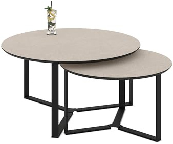 Hela Tische, 2er Set Couchtisch Massa, Cashmere m.Steinstruktur, Gestell Metall Rechteckig, Ø 80+60cm