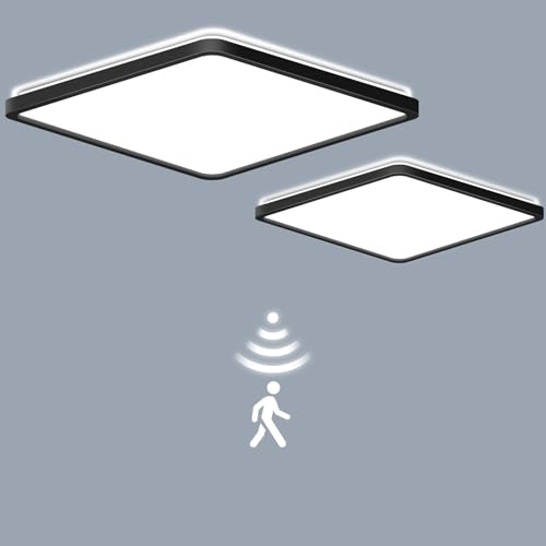 LEZOE 2PCS Plafonnier LED Dimmable avec Détecteur de Mouvement Radar 24W 2400LM, Lumineux avec Télécommande 3000K-6000K, 2.5cm Ultra Fin Lampes de Plafond pour Bains Garage Couloir 30 * 30CM Noir