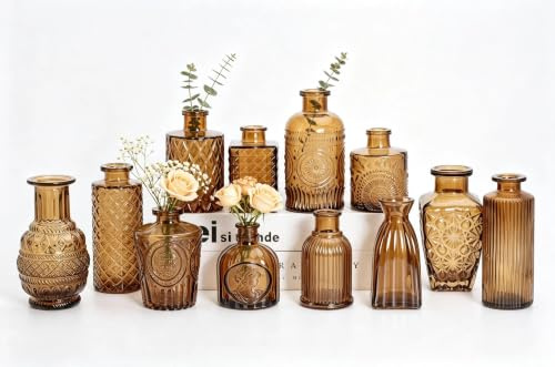 Lot de 12 petits vases en verre, style vintage avec motif structurel, pour fleurs et décoration d'intérieur (ambre, 12 pièces)